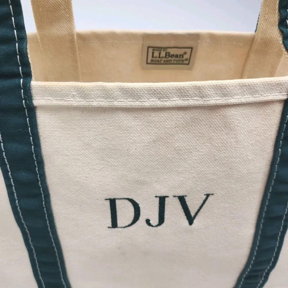 LL Bean Boat And Tote Bag Canvas Green Monogram DJV Open Top Shoulder Vintage